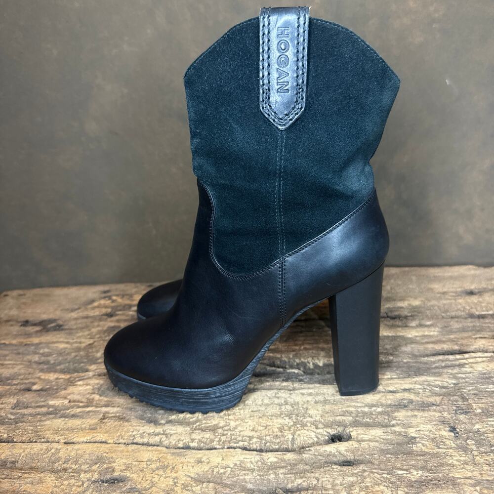 Hogan Italy Mixed Leather & Suede High Heel Platform Boots Black 38.5